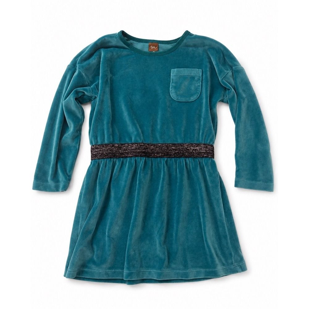 Tea Collection Girls Velour Pocket Dress Teal Blue Glitter Waist Size 4